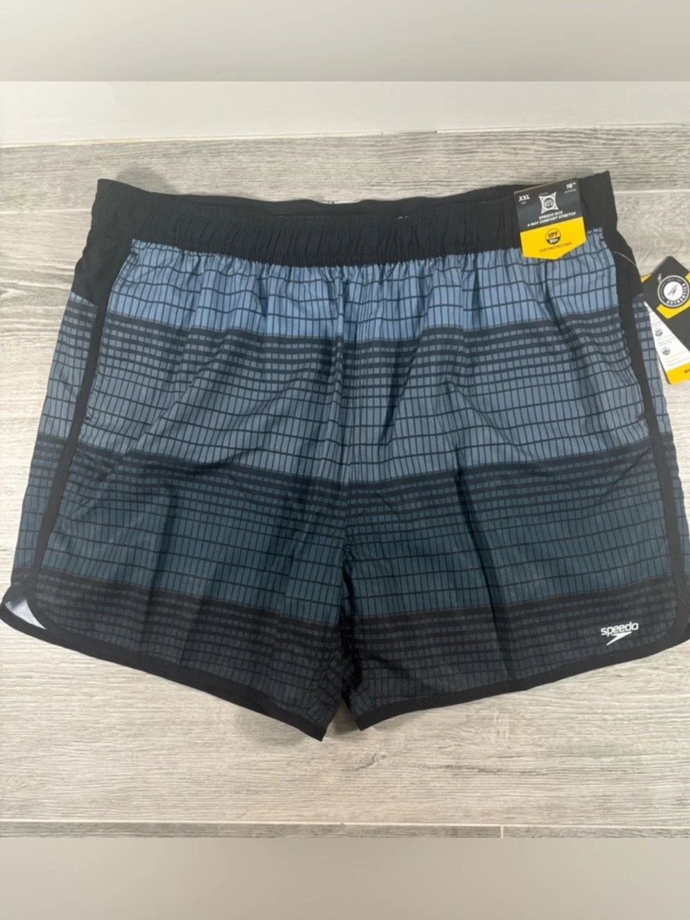 NWT Speedo Men's 2XL Swim Trunks Blue Grid Geometric Board Shorts UPF 50